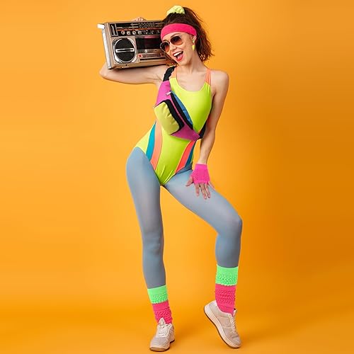 Miniatura 6 de 5Pcs 80s Accessories for Women Neon Costume Set with Fanny Pack Hairband Fishnet Gloves Earrings Socks for Halloween