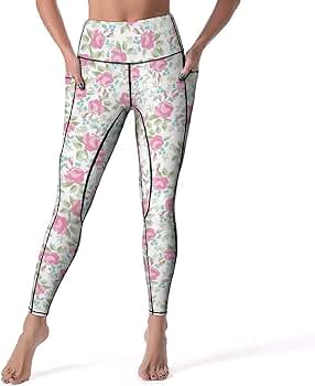 Pink Floral Leggings for Women, High Waisted Soft Yoga Pants