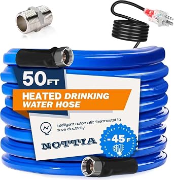 50FT Heated Water Hose for RV, Freeze Protection to -45F, Lead-Free & BPA-Free, Safe for Campers, Gardening, Livestock, Home Use