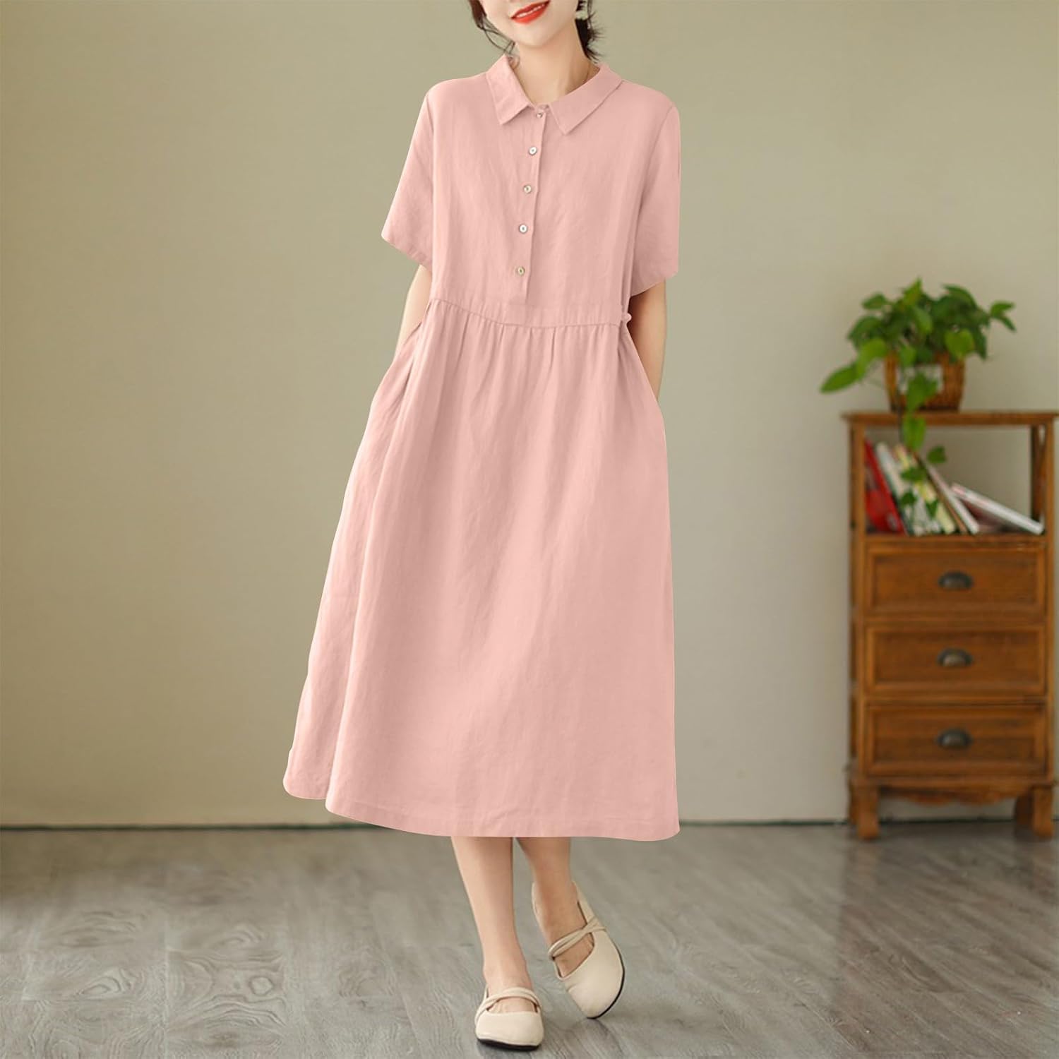 Women's Button Down Shirt Dress Casual Cotton Solid Color Short Sleeve Midi Dresses 2025 Fashion Boho Sundress