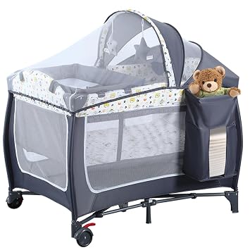 4 in 1 Pack and Play,Portable Nursery Center Baby Playard with Bassinet &Changing Table,Foldable Baby Crib Travel Playpen with Wheels,Removable Canopy with Toys,Storage Bag Grey