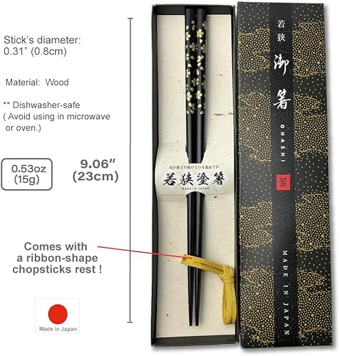 Miniatura 6 de Palillos japoneses de primera calidad reutilizables fabricados en Japón Palillos de madera tradicionales de laca (negro (YM003))