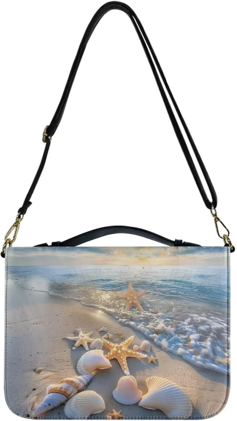 Talayituse Beach Starfish Seashell Conch Print PU Leather Bible Cover for Women Men Large Size Bible Case Bible Carrying Case with Handle, Portable Church Bible Bag with Detachable Shoulder Strap, 2XL
