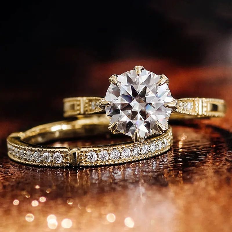 10K Gold 2.06 CT.tw. Moissanite Bridal Rings Sets for Her, 10K 14K 18K Real Yellow Gold Moissanite Engagement Ring Set for Women Vintage Moissanite Wedding Eternity Band for Ladies4