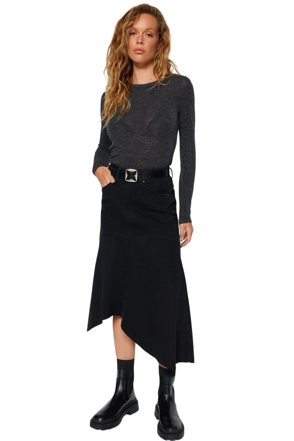 Trendyol FeMan Basic Denim Skirt,Black,36