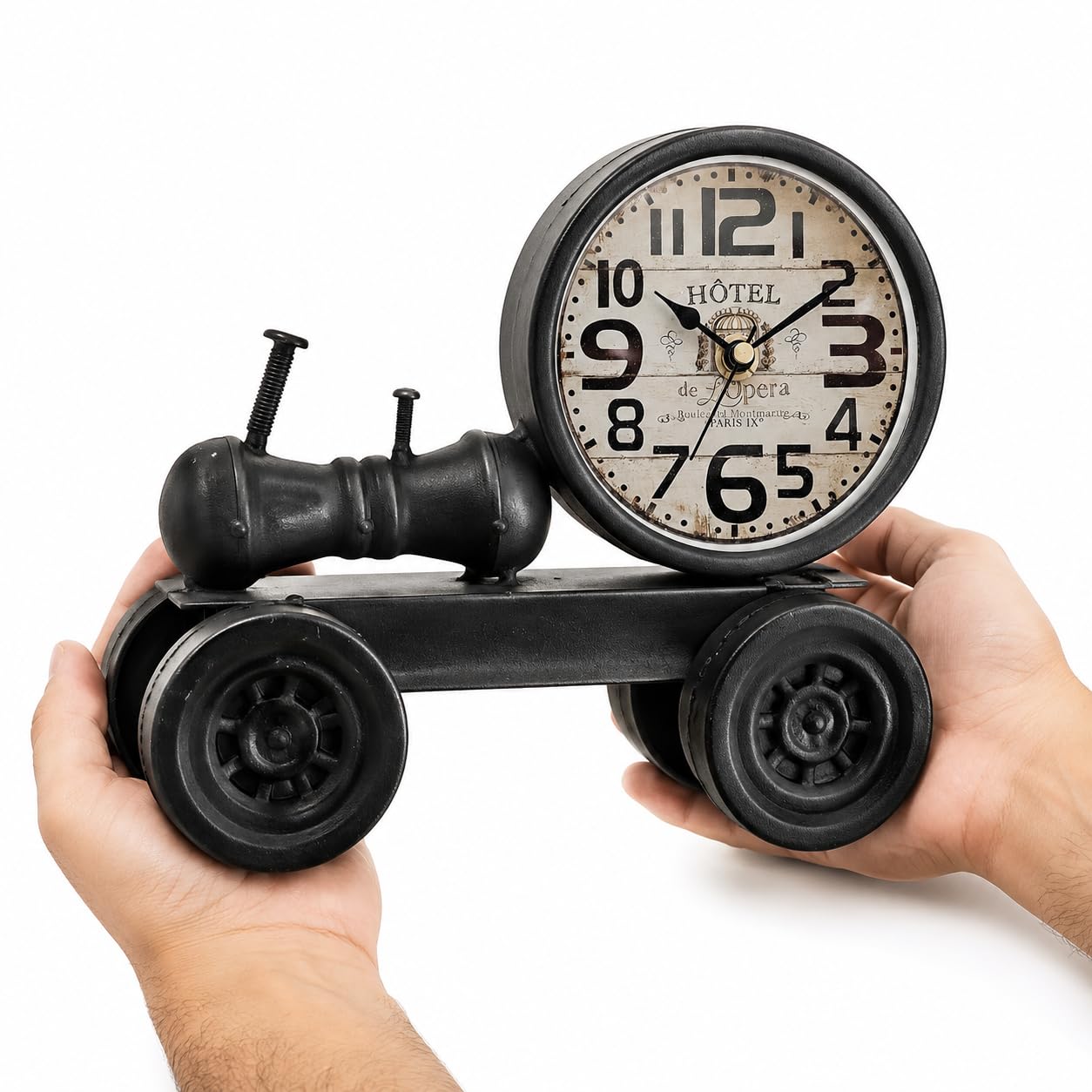 DC VOLTAGE Vintage Train Table Clock – Retro Metal Desk Clock for Home, Office & Café Décor | Antique Black Locomotive Design Timepiece for Train Lovers & Collectors (21x16cm)