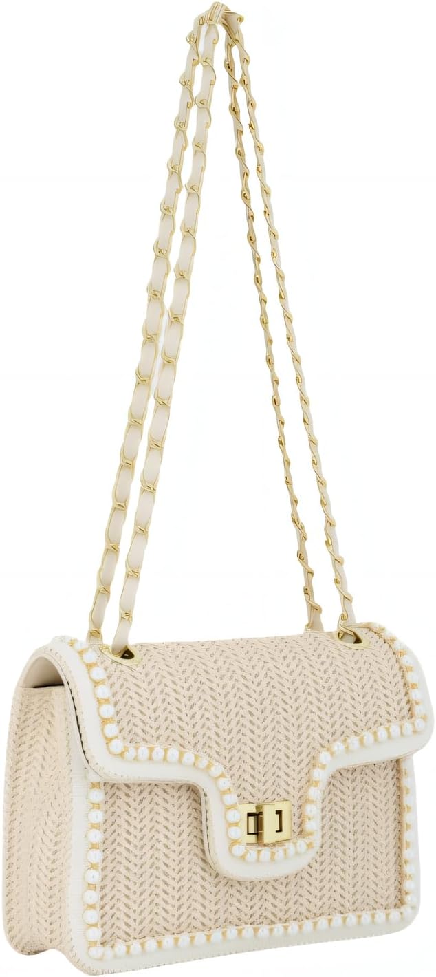 Woven straw crossbody bag with pearl flap trim for women