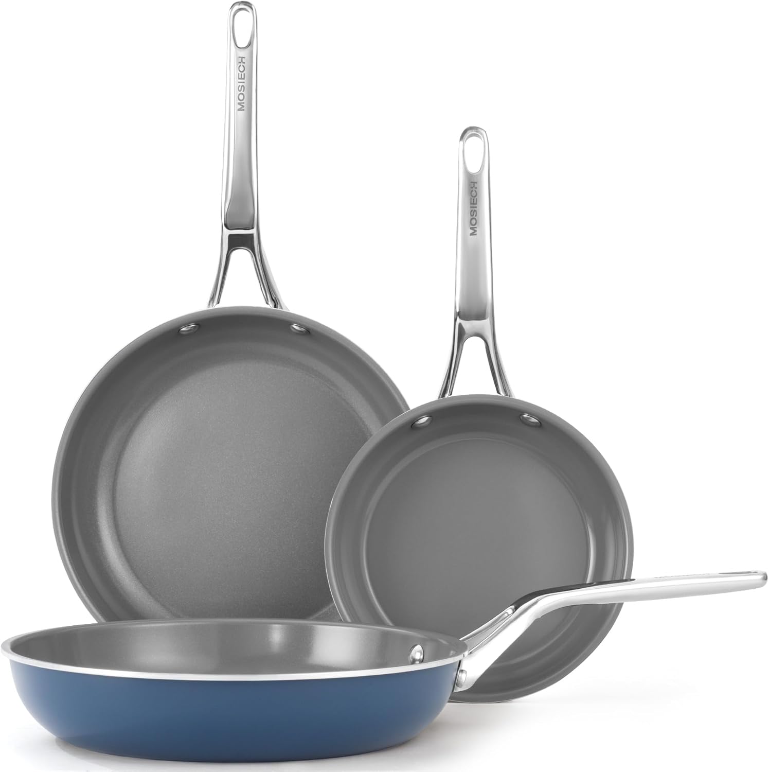 3-Piece Ceramic Nonstick Set 8.9.5.11 Inch-PFAS/PTFE/PFOA Free, Interior & Exterior Ceramic Coating -Easy to Clean- Kitchen Storage-All Stovetop Compatible & Oven-Safe up to 480°F