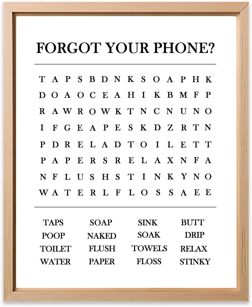 YacyCool Bathroom Word Search Poster Print - 'Forgot Your Phone?' Theme - 8x10 Inch Unframed Guest Bathroom Wall Decor