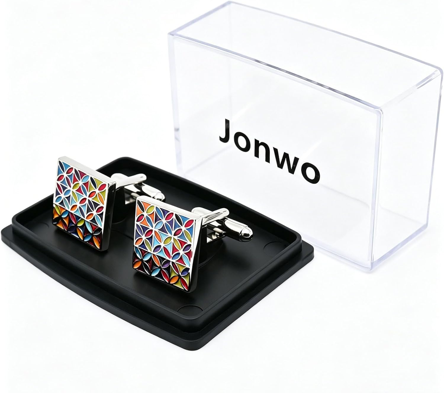 Multicolored Print Enamel Square Cufflinks for Men Dress In Gift Case | Colorful Patterns Men's Women Cuff Links Set Jewelry for Wedding Party Daily Office Formal Casual Wear Business Tuxedo Dress