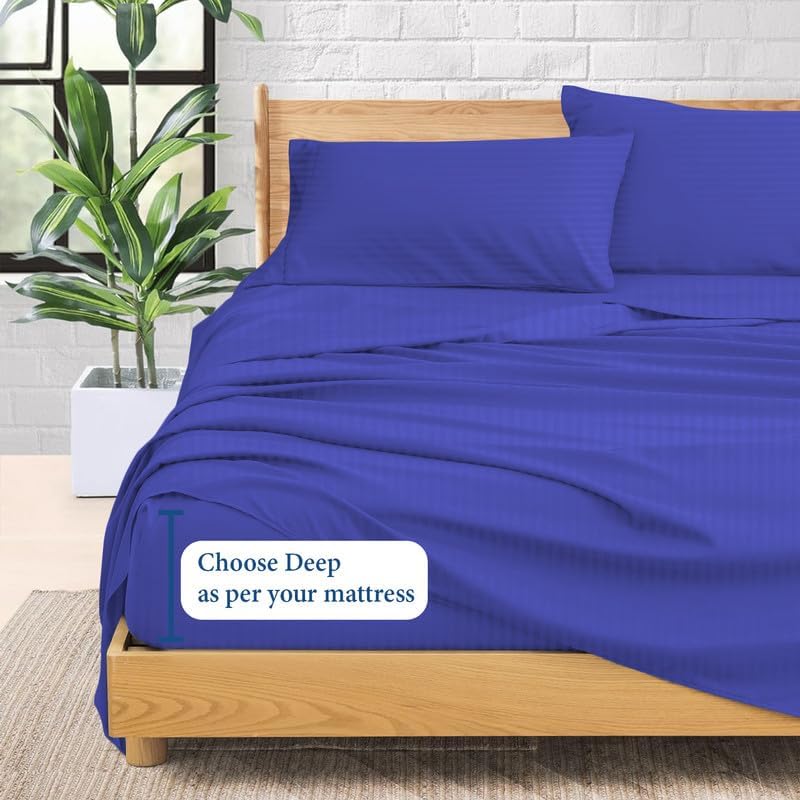 900-Thread-Count 100% Egyptian Cotton Sheets, Luxrious 6-PCs Sheet Set, Soft and Silky, Fits Mattress Upto 21-23'' Deep Pocket (RV-King, Royal-Blue Stripe)