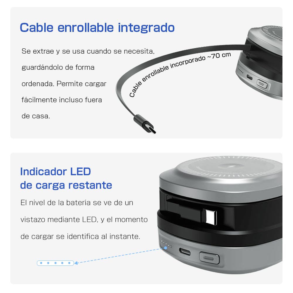 Batería Todo en Uno con Carga Magnética Inalámbrica 12000mAh | Triple Cable Extensible Integrado | Carga Rápida 45W PD para PC | Compatible con Apple Watch y Dispositivos Magnéticos（Plata）
