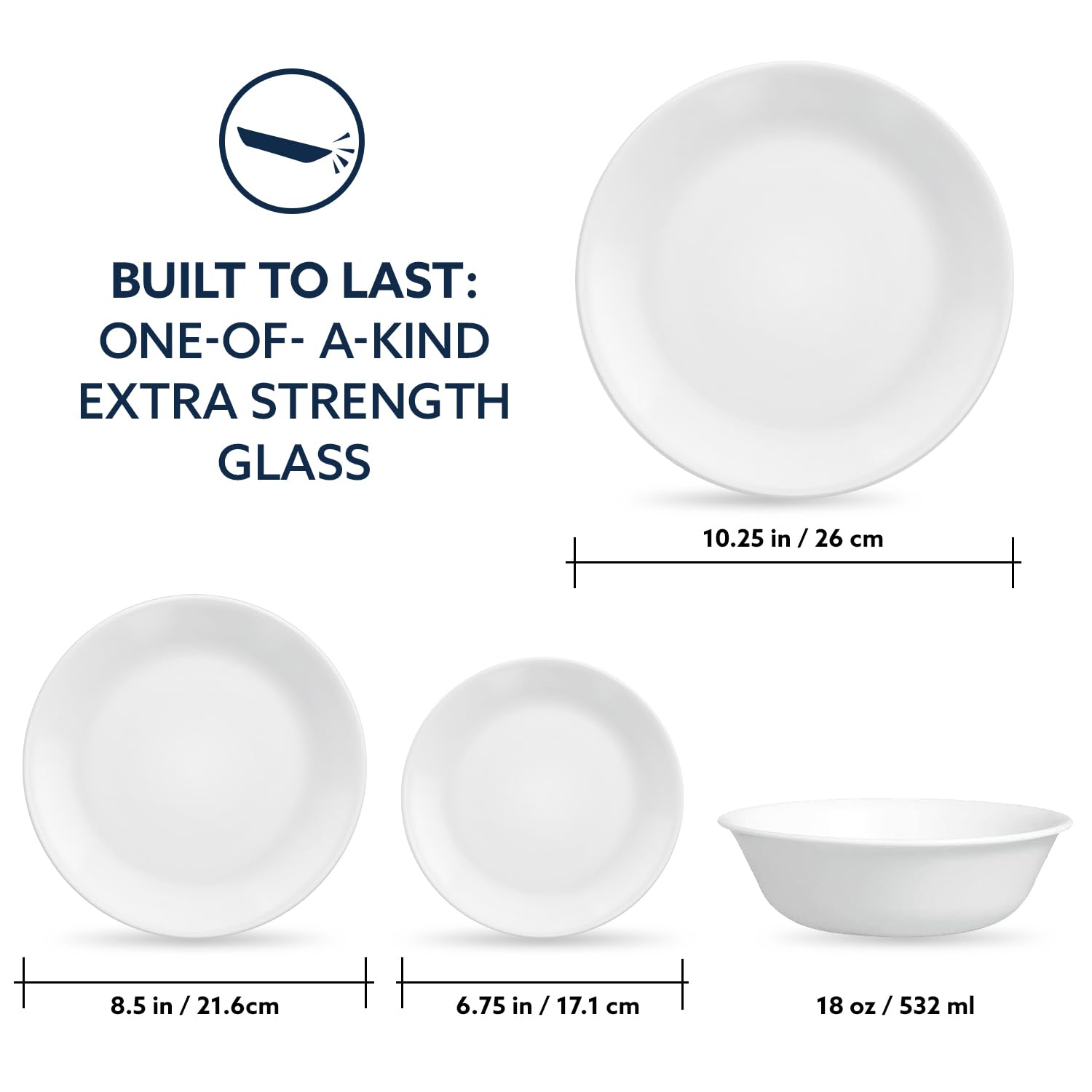 Corelle Vitrelle 8-Piece Service for 2 Dinnerware Set, Triple Layer Glass and Chip Resistant, Lightweight Round Plates and Bowls Set, Winter Frost White