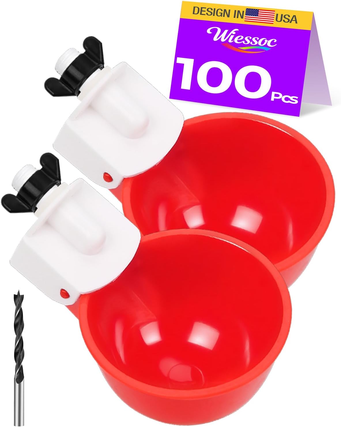 100Pcs Chicken Waterer Cups, Large Chicken Water Feeder, with Mounting Hole Opener & Tee Fittings, Bebederos para Gallinas for Chickens, Ducks, Geese, Turkeys and Birds(Red)