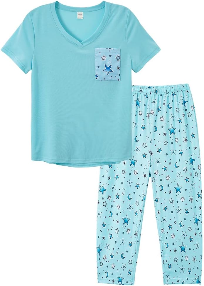 YIJIU Women Soft Comfy Pajamas Cute Cat Short Sleeve Capri Pants PJS Set Large Blue Star