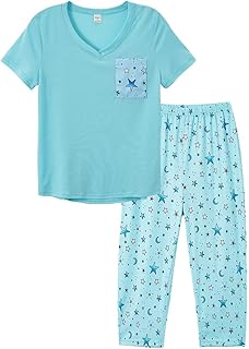 YIJIU Women Soft Comfy Pajamas Cute Cat Short Sleeve Capri Pants PJS Set