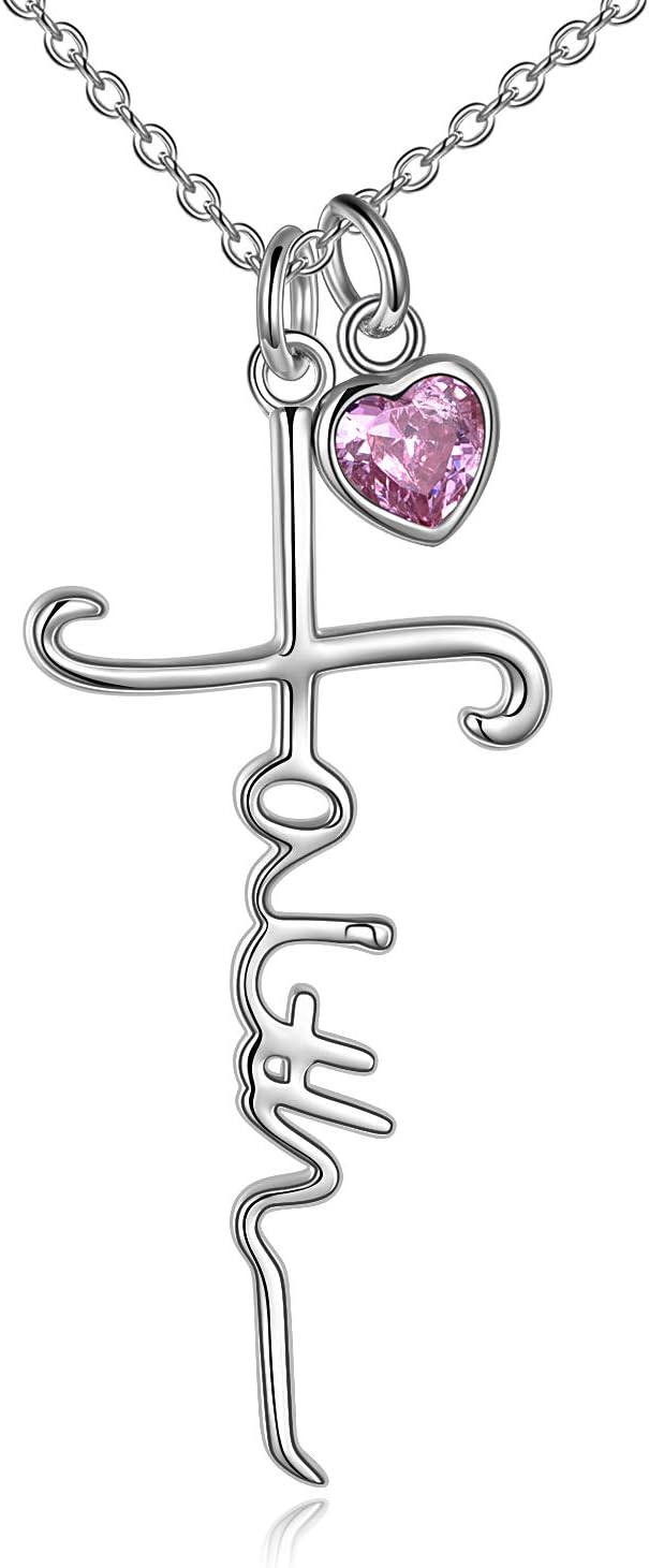 Faith Cross Necklace For Women Birthstone Sterling Silver with Simulated Birthstone Cross Jewelry Christian Gifts