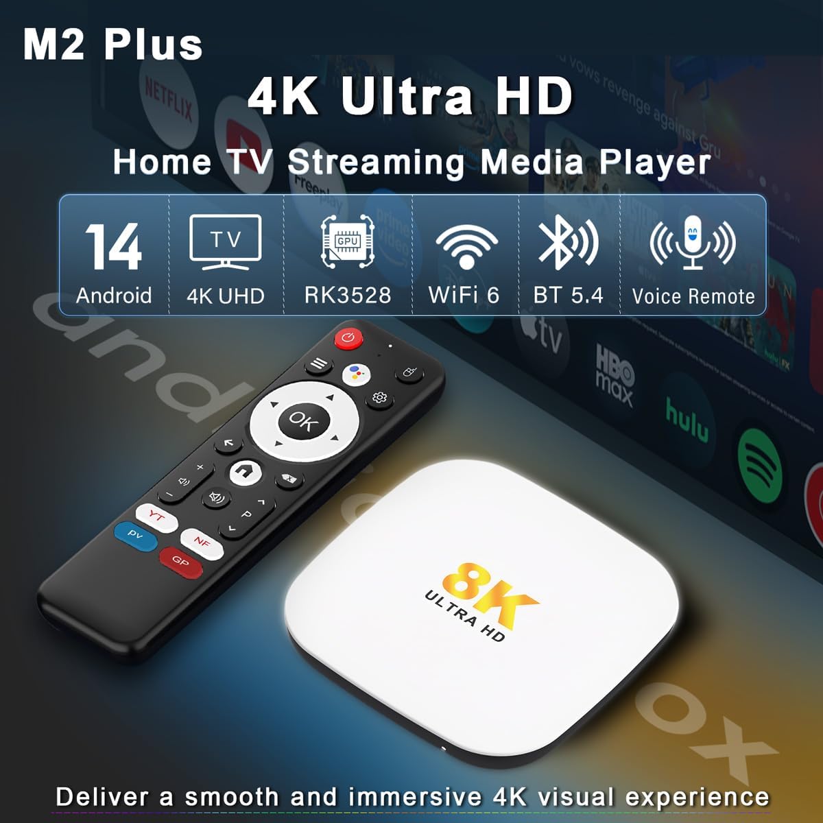 M2 Plus Android 14 TV Box 2026, 4K Ultra HD Streaming Media Player, with Go-gle Play, Voice Remote, 4GB RAM 32GB ROM 2.4G&5G WiFi 6, BT 5.4, HDR10, 3D, Smart TV Box for Home TV