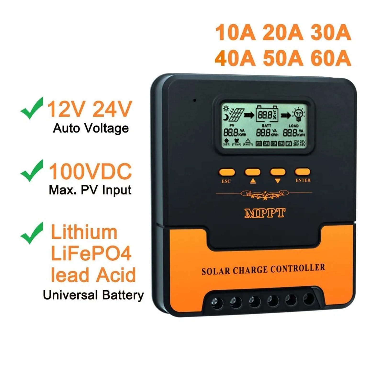 Regolatore di carica solare, Regolatore di carica solare automatico MPPT 12V 24V 10A/20A/30A/40A/50A/60A fotovoltaico intelligente(10A)