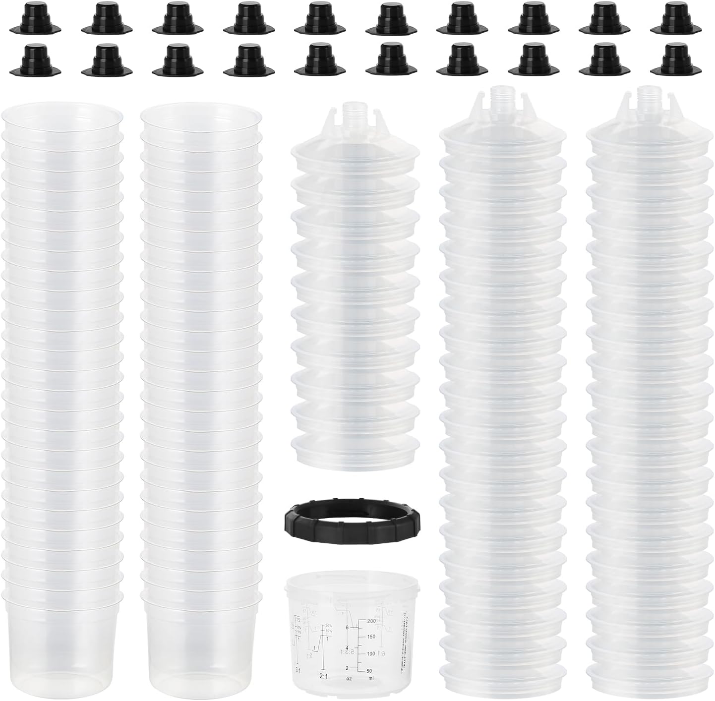 Disposable Paint Spray Gun Cups Liners and Lid System 6 Ounce (200ml) Kit with 50 Cup Liners, 50 Lids with 125 Micron Strainer, 20 Plugs and 1 Hard Cup with Retainer Ring for Primers, Coatings.