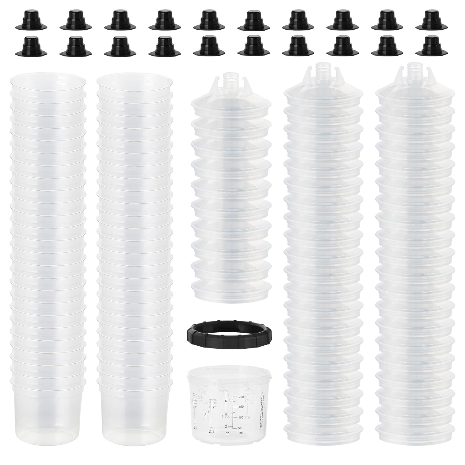 Disposable Paint Spray Gun Cups Liners and Lid System 6 Ounce (200ml) Kit with 50 Cup Liners, 50 Lids with 125 Micron Strainer, 20 Plugs and 1 Hard Cup with Retainer Ring for Primers, Coatings.