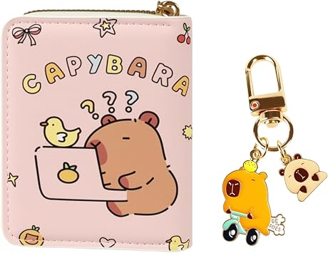 Small Cute Pink Capybara Wallet for Women,Short PU Leather Zipper Cute Coin Purse,Animal Print Money Organizer with Zipper Pocket,Lightweight Coin Purse,Ideal Accessory&Birthday Christmas Gifts,2Pce