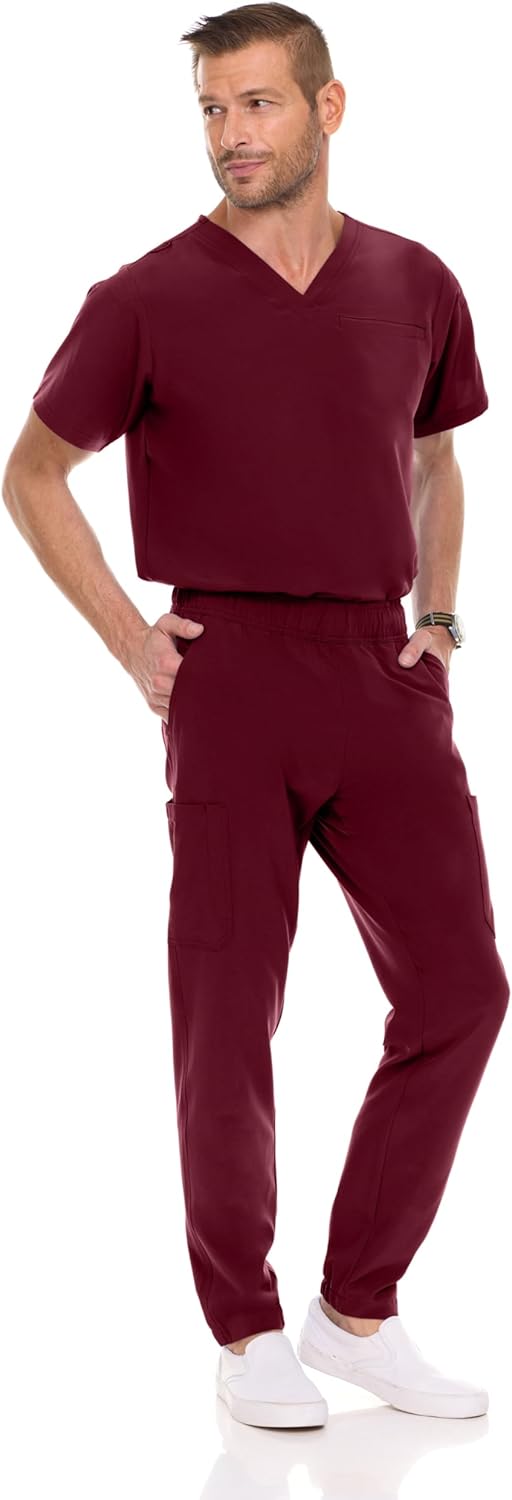 MediChic Men Scrubs Set - Stretch V-Neck Scrub Top with 7-Pocket Pants, Anti-Wrinkle, Yoga Waistband Workwear Scrubs for Men