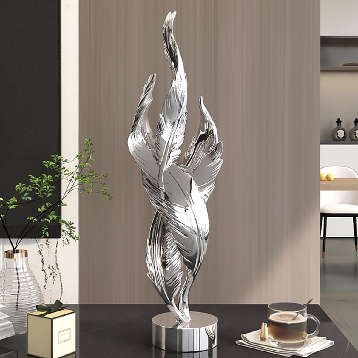GHKryD statue, Abstract Feather Sculpture Decoration Resin Decor Modern Collectible Figurines(Silver)