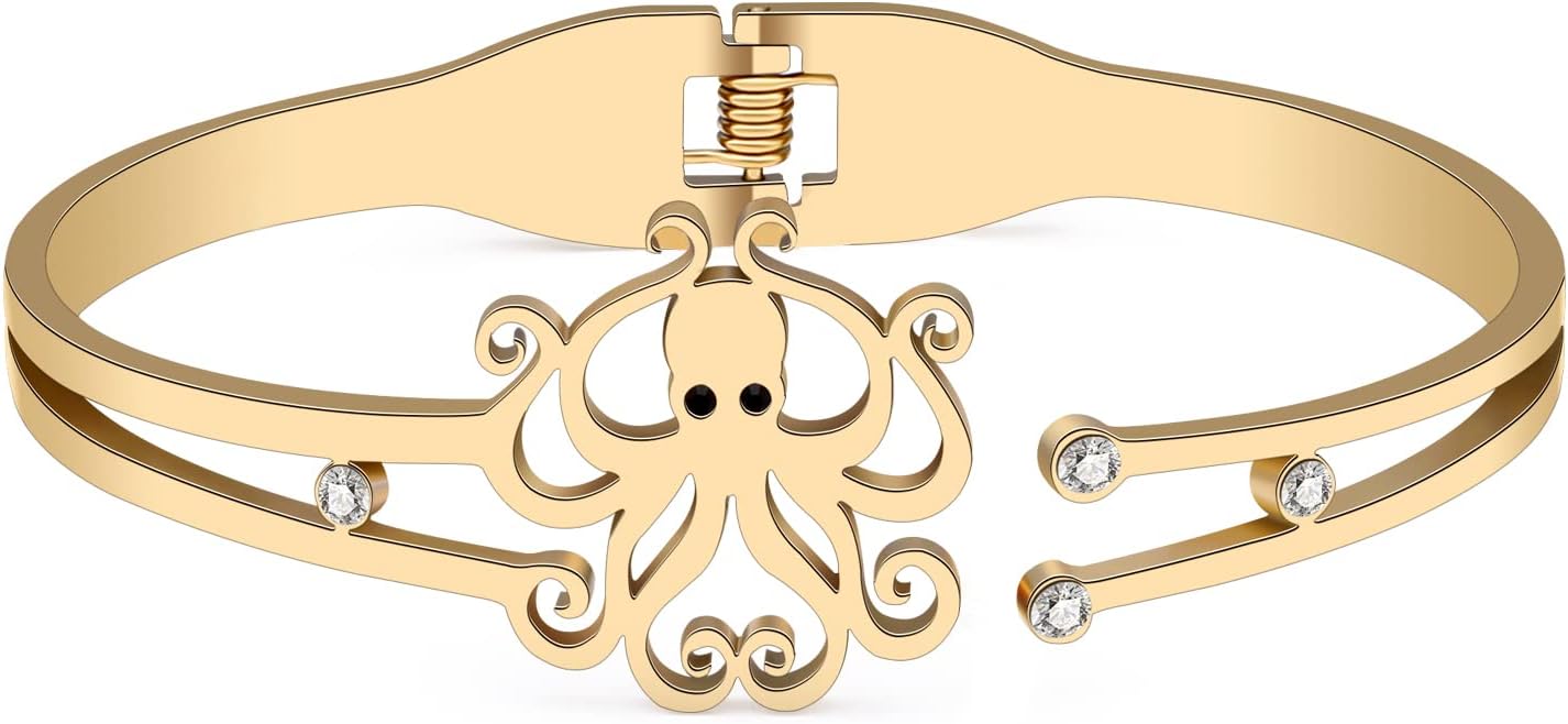 Stainless Steel 18K Gold Silver Plated Rhinestone Cute Octopus Bangle Hollow Out Cuff Bracelets Ocean Animals Novelty Jewelry For Women Charms Gifts - Image 5