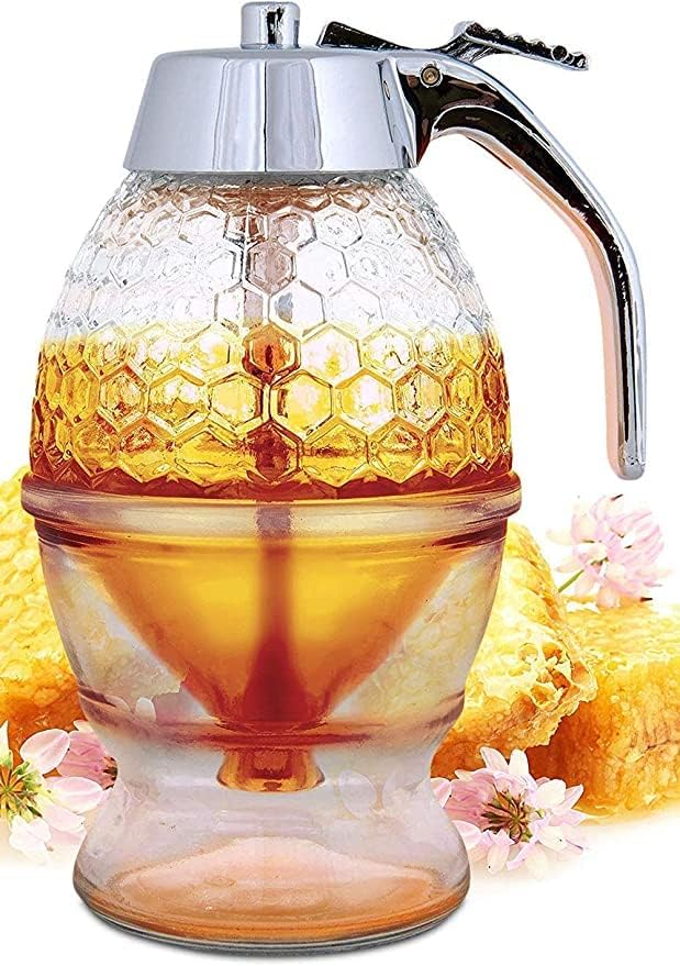 ALMEKAQUZ Honey Dispenser No Drip Glass - Maple Syrup Dispenser Glass - Beautiful honey Comb Shaped Pot Jar with Great Bee Decor
