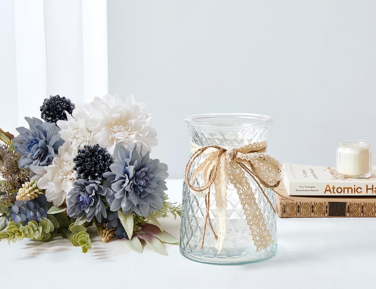 Wracra Artificial Flowers in Vase, Silk Fake Flowers in Vase, Faux Flowers Table Centerpieces for Dining Room, Bathroom Farmhouse Kitchen Coffee Table Decor (White Blue Dahlia) - Image 4