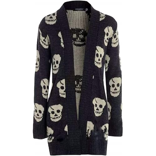 Thever Women Ladies Halloween Skull Skeleton Print Open Front Knitted Cardigan