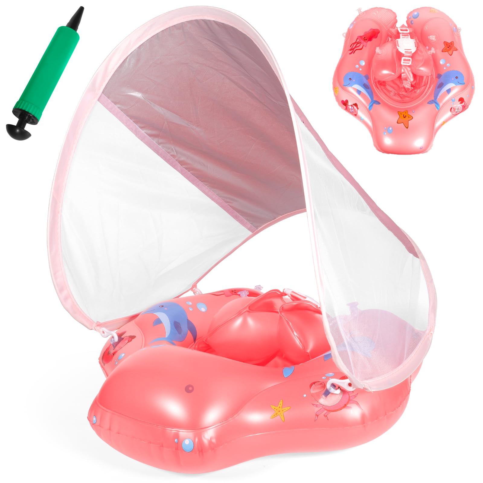 Piscina Salvagente Bambini Gonfiabile, Salvagente Neonato 1-3 anni, Salvagentes Neonato con Parasole e Seggiolino di Sicurezza, Anello di Nuoto Bambini UPF50+ Protezione UV(Rosa)