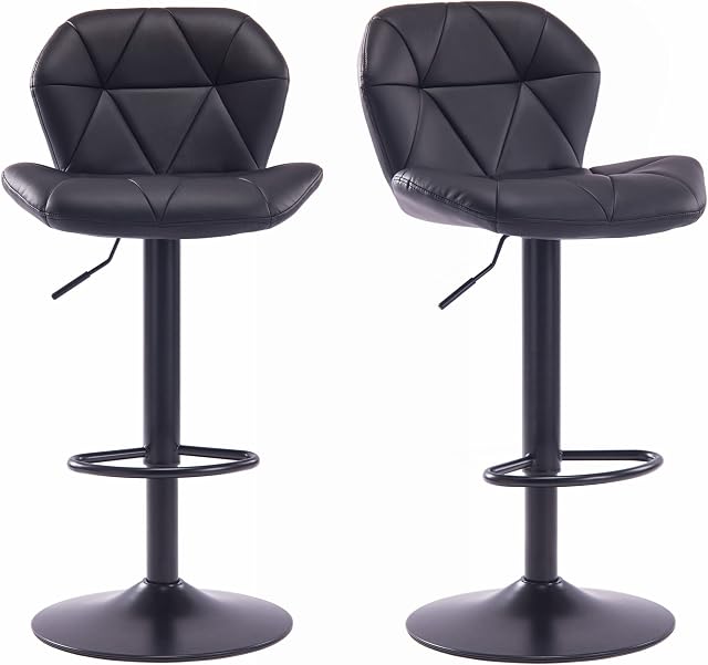 HNNHOME Set Of 2 Modern Luna Padded Swivel Height Adjustable Faux Leather Breakfast Kitchen Barstools Chairs (All Black, Faux Leather)