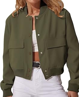 Women's Varsity Bomber Jackets Long Sleeve Cropped Button Down Casual Coat with Pockets Outwear