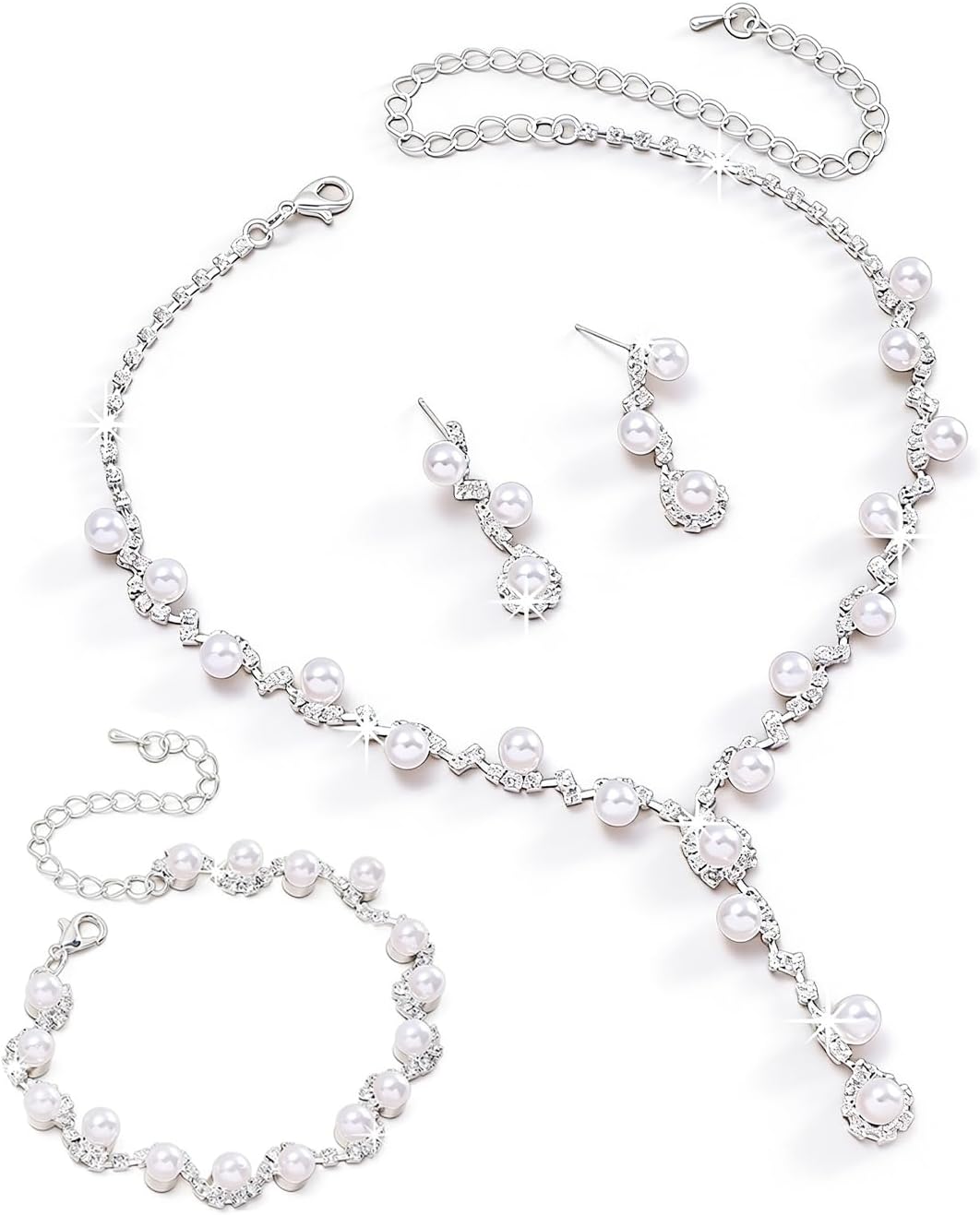 Wedding Jewelry Sets for Brides Silver Rhinestone Necklaces Earring Bracelet Set Wedding Sets for Women Prom Jewelry Sets for Women