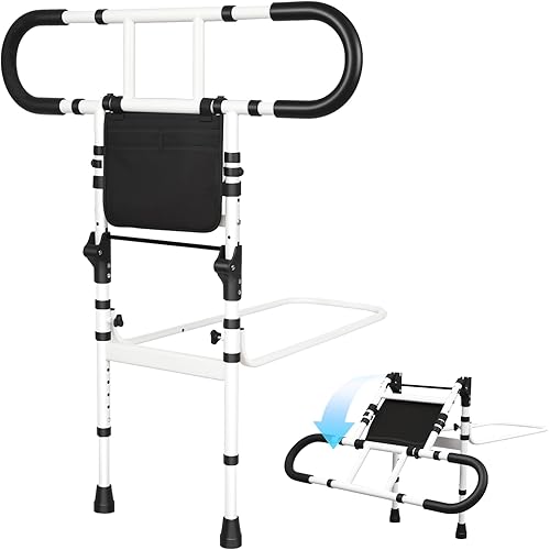 Bed Rails for Elderly Adults Safety, Bed Cane for Seniors, Adjustable Height Grab Bar Handrails with 2 Ergonomic Handles and Storage Pocket, Support up to 300 lbs, 180° Foldable Assist Rail