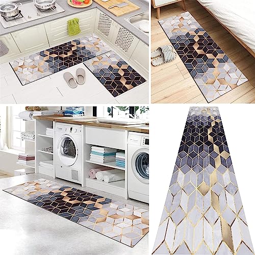 Tapis de couloir 3m de passage géométrique bleu antidérapant 1x1m