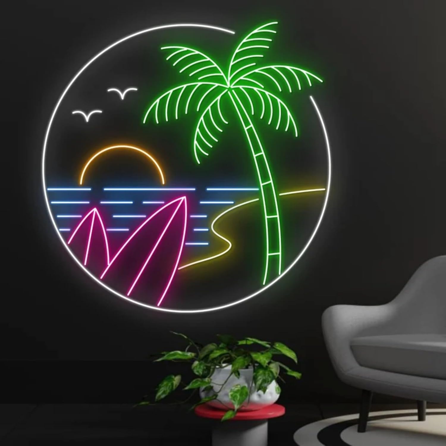 Summer Chill Neon Sign, Summer Vacation Relax Led Lights, Palm Tree Light, Beach Neon Light for Wall Decor Beach House Home Bar Party Decoration, Led Sign for Hawaiian Tiki Bar Wall Decor