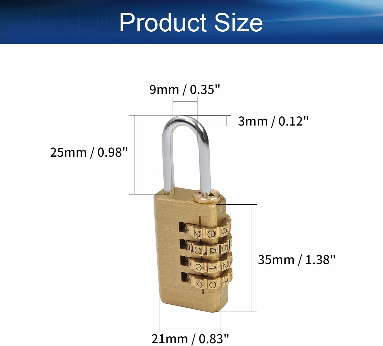 4 Digit Brass Combination Padlock Lock for Toolbox, Luggage, Backpack, Gym, Outdoor 0.35" x 0.98" 1Pcs