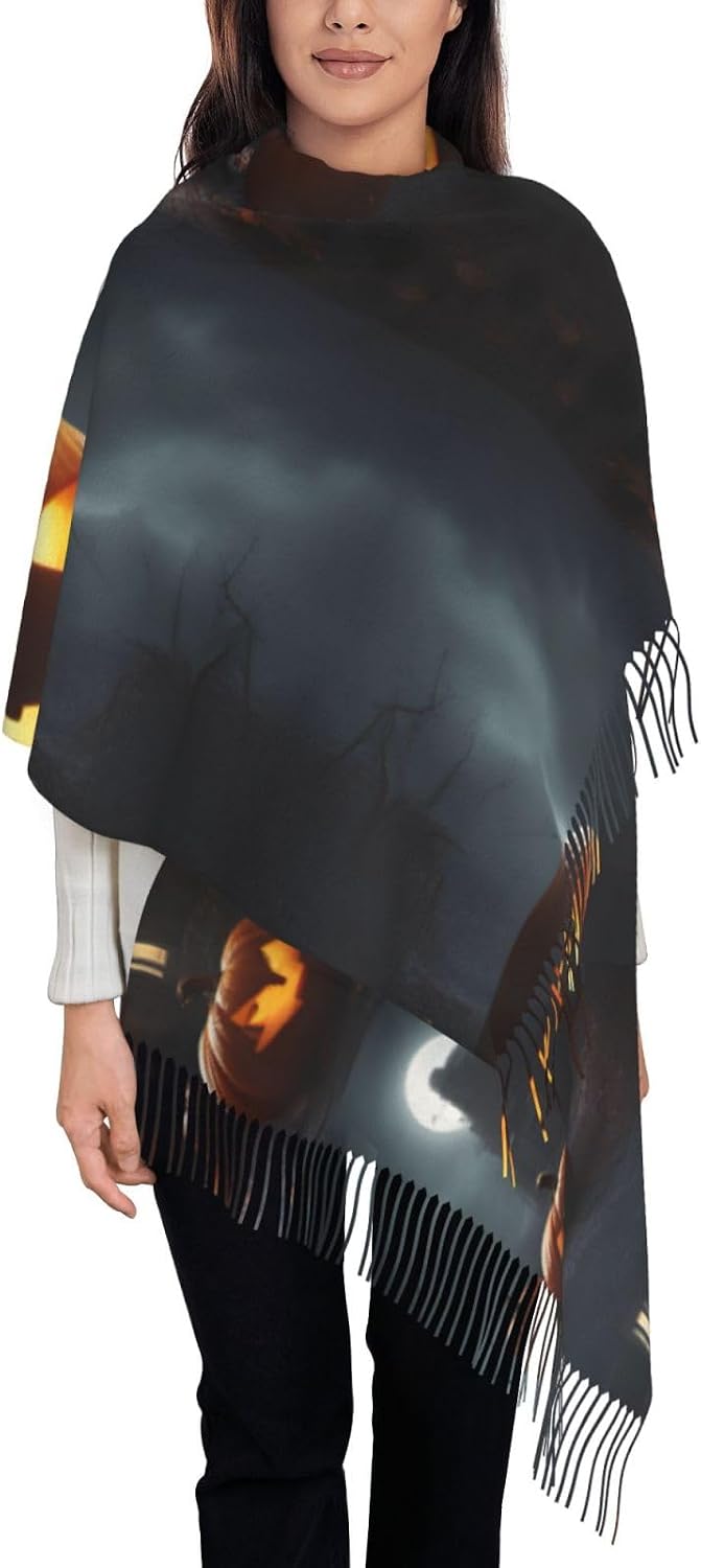 Elegant Halloween Pumpkin Print Tassel Scarf For Women,Winter Scarf,77.6" Long With 4" Tassels, 28.3" Wide
