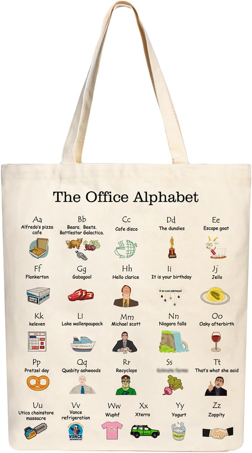The Office Alphabet Tote Bag TV Show Merchandise Fans Kitchen Gifts Reusable Grocery Canvas Theme Presents for Office/Women/Sister, Shoulder/Travel/Work, White