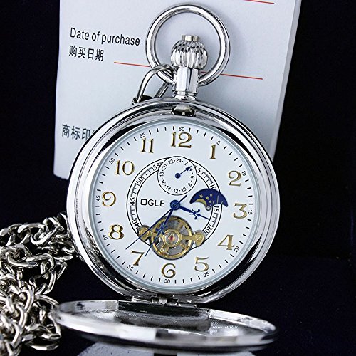 Ogle Waterproof Roman White Tourbillon Phases Moon Chain Fob Skeleton Automatic Mechanical Pocket Watch #TOP3