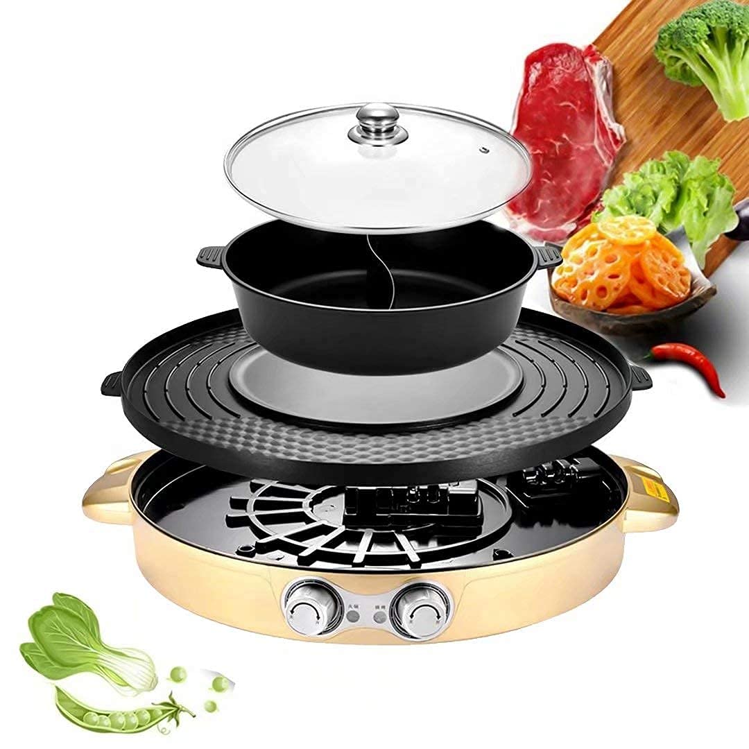 Parrilla eléctrica portátil, Parrilla eléctrica sin humo 2 en 1, Sartén antiadherente de superficie extra grande, Rango de temperatura ajustable 0 ° -1200 ° C, Uso en interiores y exteriores Double
