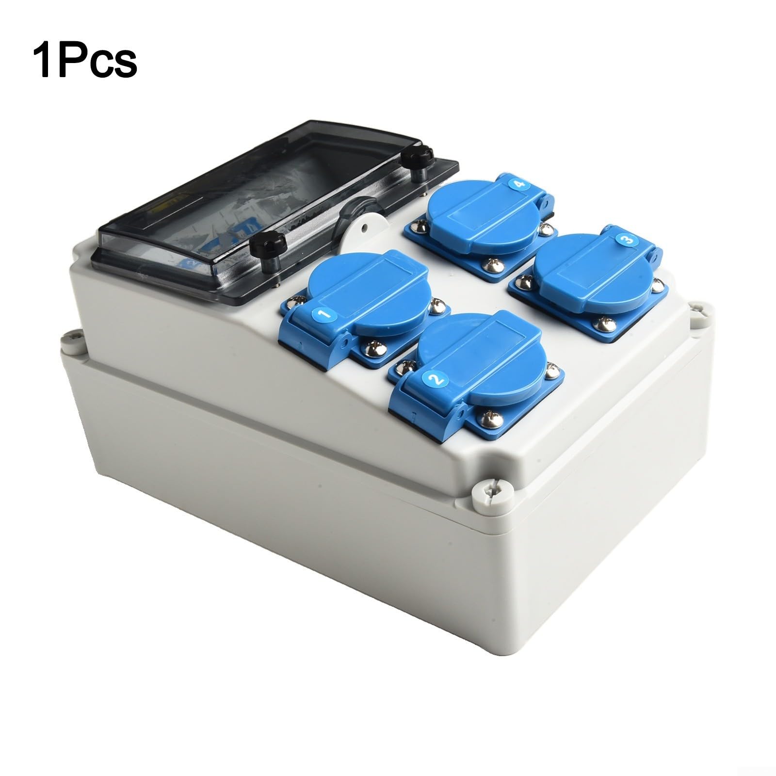 Distribuidor de corriente para construcción IP65, resistente al agua, 4 enchufes con interruptor de protección FI, fusibles automáticos de 16 A, carcasa ABS 260 x 170 x 140 mm, para interior y