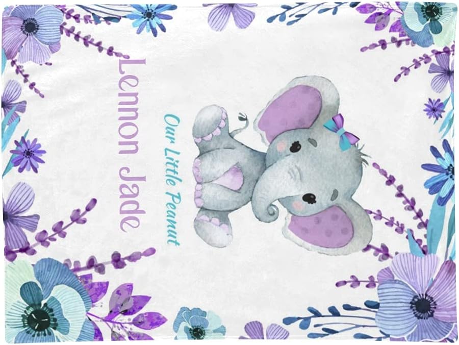 Personalized Baby Blanket, Purple Teal Elephant Custom Nursery Swadding Blankets 30x40 Inches for Baby Boy Girl with Name Baby Shower Birthday Gift