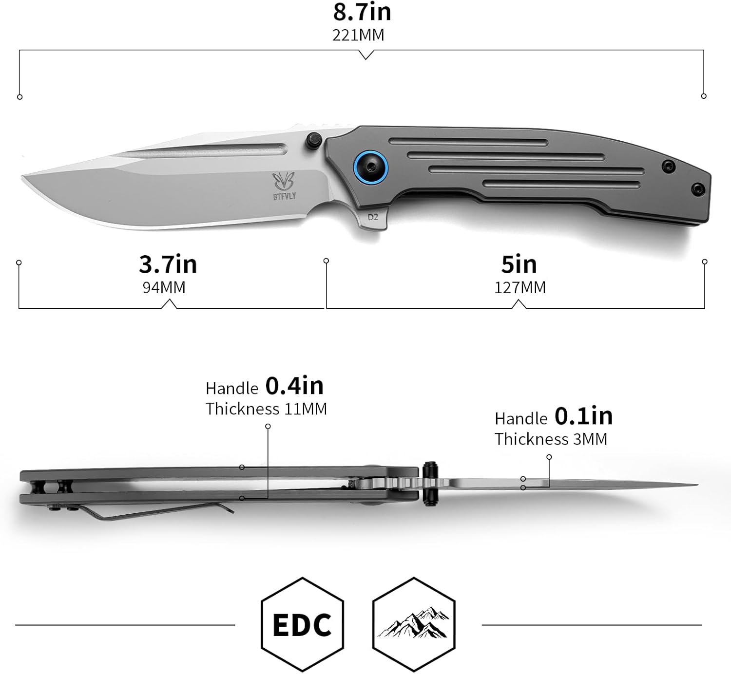 Tactical Folding Knife - 8.7in Overall Length, 3.7in D2 Steel Blade, Full Steel Handle, EDC Pocket Knife for Camping, Survival & Daily Carry