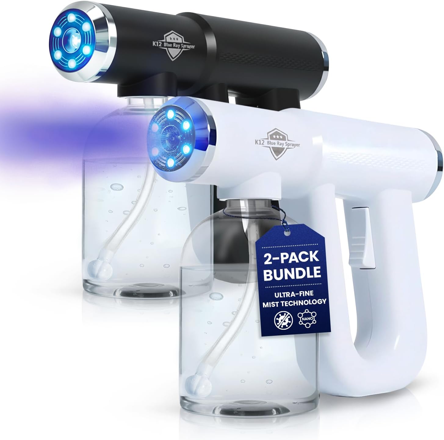 The Finest Atomizer Sprayer with Blue Light, Multipurpose Nano Spray Gun for Home, Salon & Garden, Cordless Nano Steam & Rechargeable ULV Barber Spray Gun for Mist Sprayer, 2 Pack (White & Black)