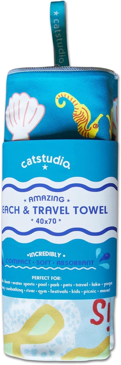 Catstudio Cape Cod Beach & Travel Towel | Compact Size & Quick-Dry Micro Towel | Perfect for Pool, Surf, Boat, Lake, Park, River, Camping, Pets, Kids, Yoga