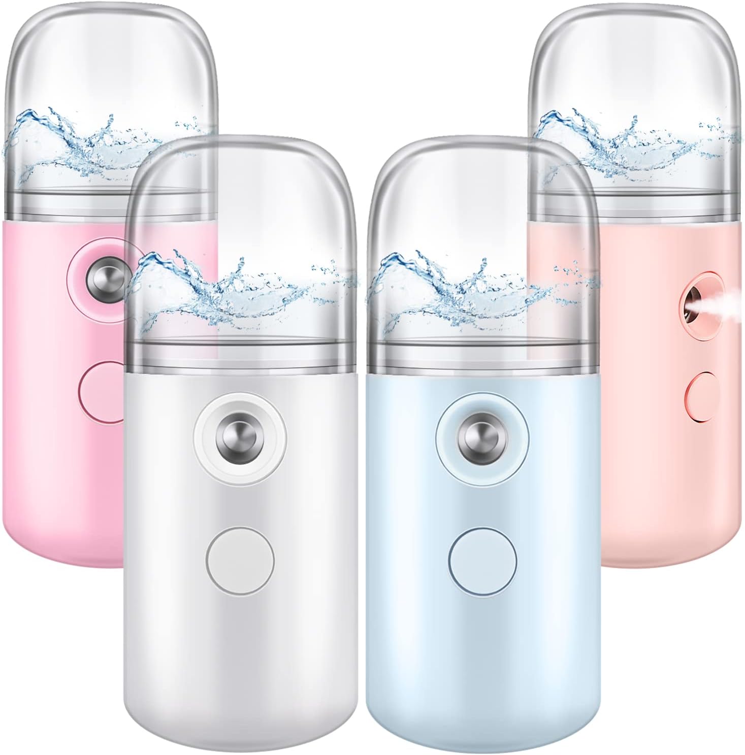 Mudder 4 Pcs Nano Facial Mister Handy Nano Mist Sprayer 30ml Visual Water Tank Portable Face Steamer Mini USB Mister for Lash Extensions, Skin Care, Makeup(White, Light Pink, Blue, Pink)